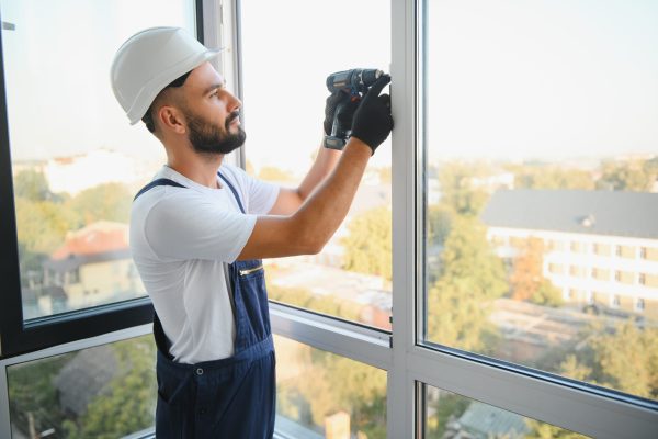 Construction worker repairing plastic window with screwdriver indoors, space for text. Banner design